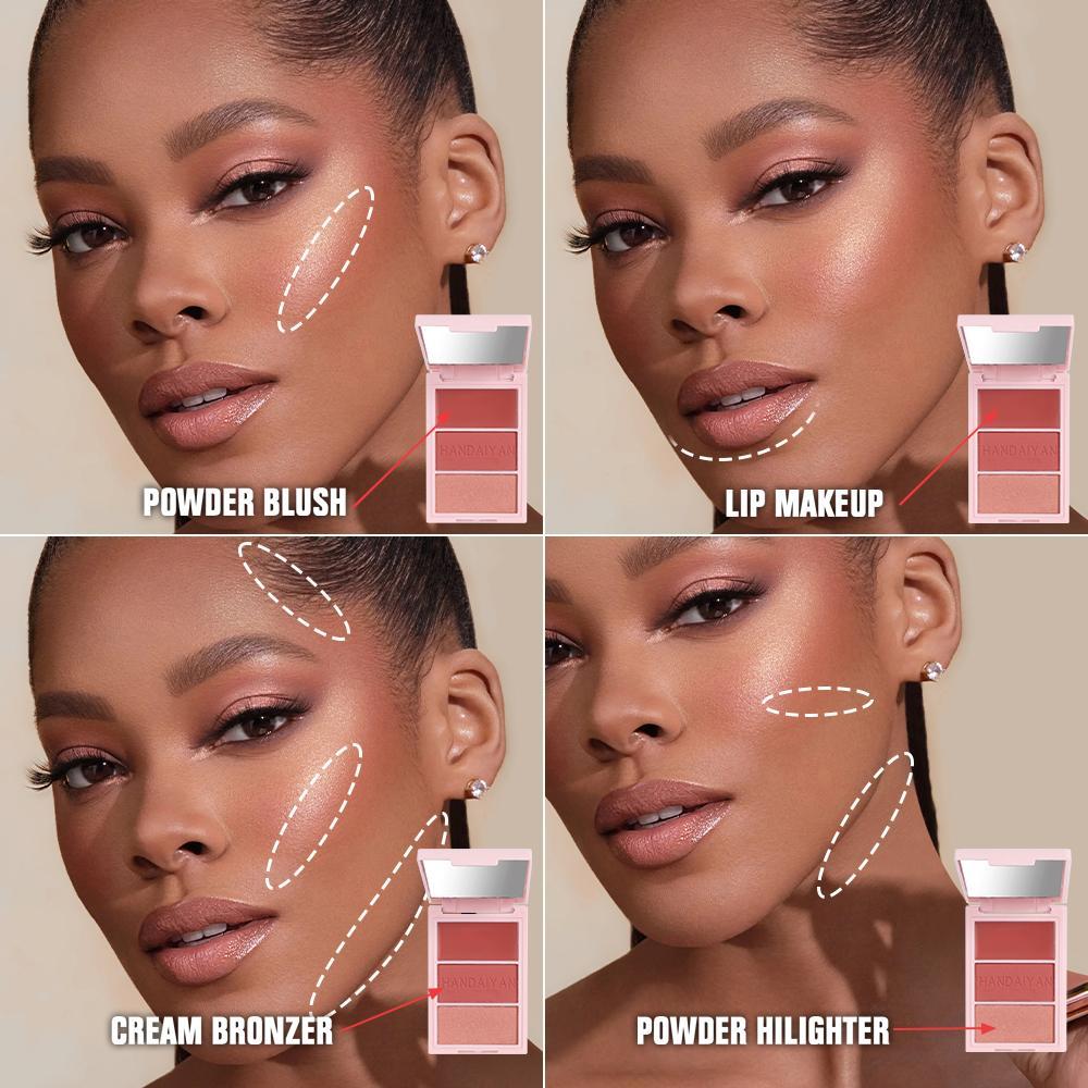 Dark-skinned model showcasing the functions of the cheek blush palette with powder blush, lip color, cream bronzer, and powder highlighter for a versatile and radiant makeup look.