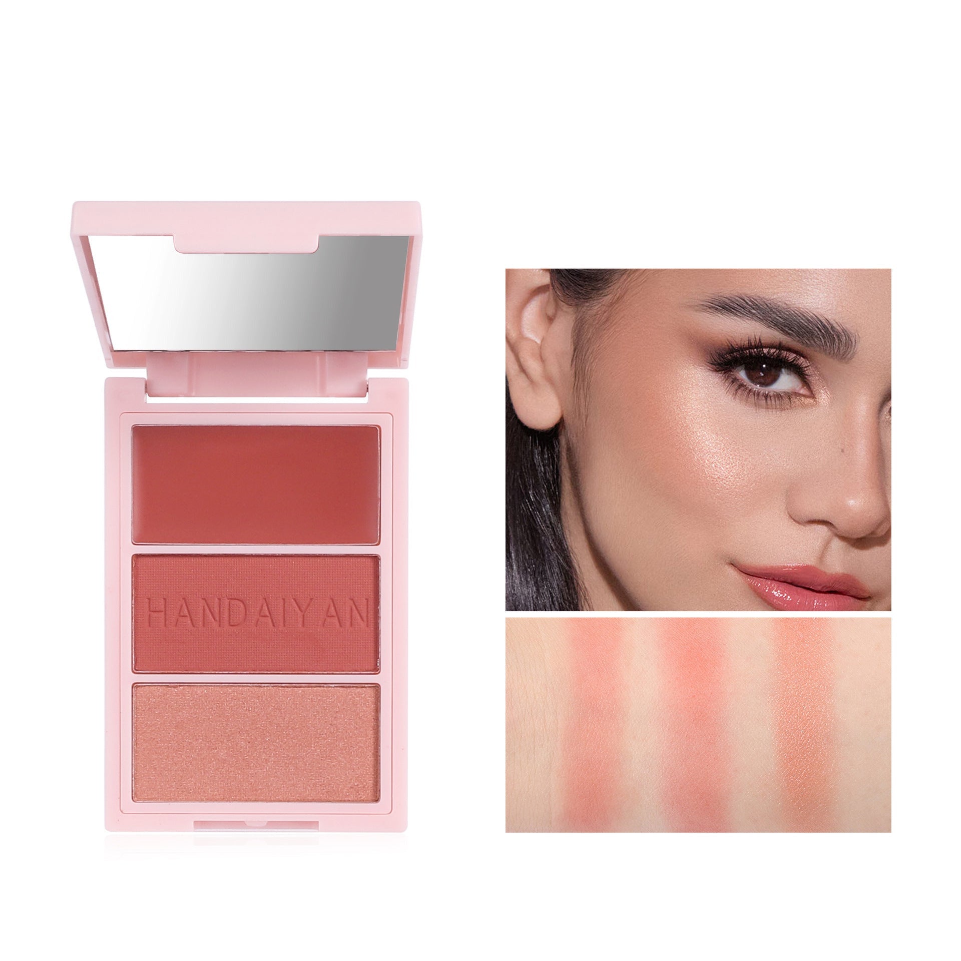 Cheek blush palette #1 featuring three light berry shades, displayed clearly to show the soft, wearable colors suitable for fair to medium skin tones, perfect for highlighting and adding natural color to cheeks.