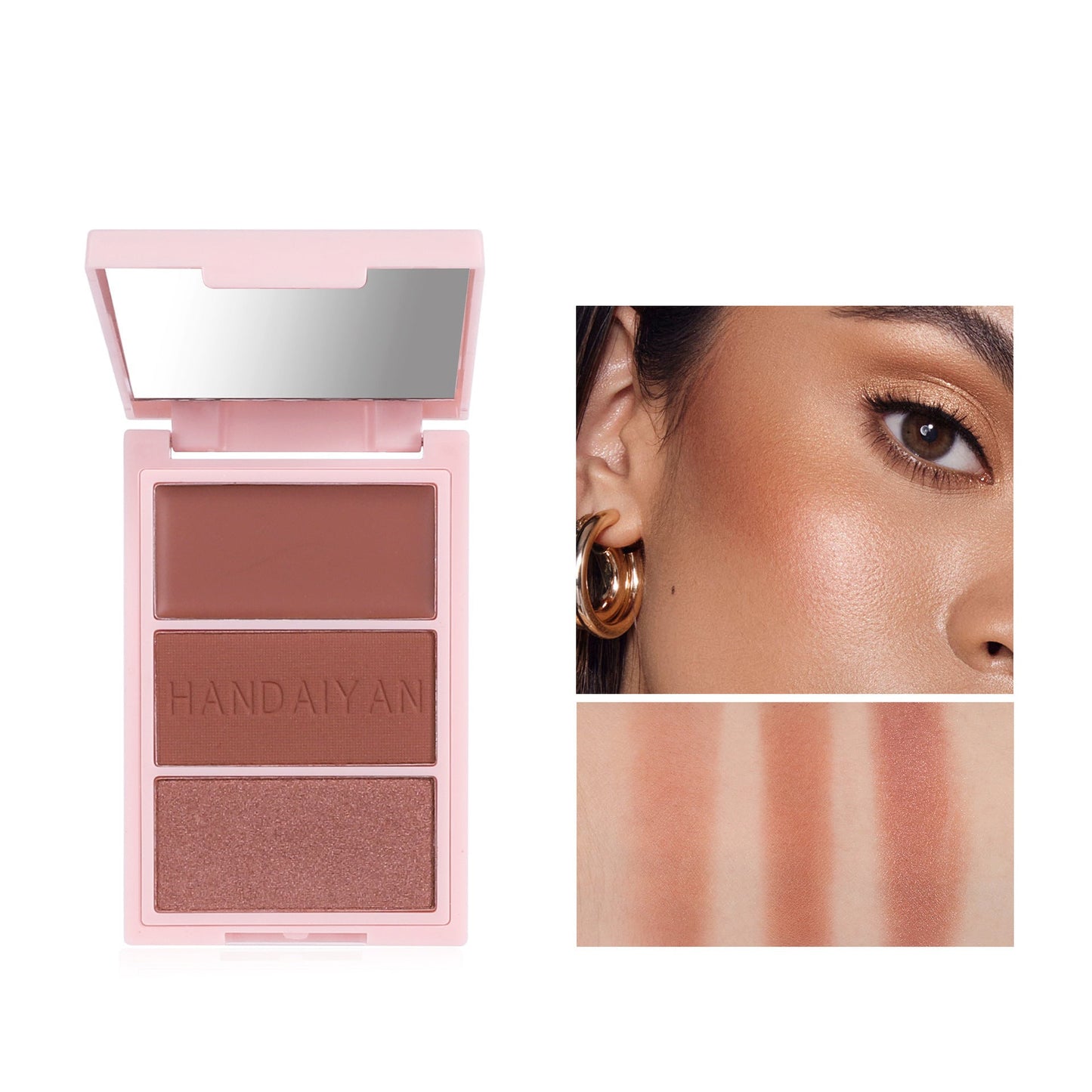 Cheek blush palette #3 featuring warm brown shades, perfect for contouring, highlighting, and adding depth to the cheeks, suitable for medium to deep skin tones, ideal for creating a natural sun-kissed look.