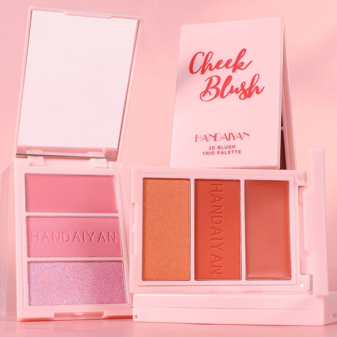 Cheek blush palette displayed against soft pink background, highlighting vibrant makeup colors and stylish cosmetic packaging for beauty product photography and online shop presentation.