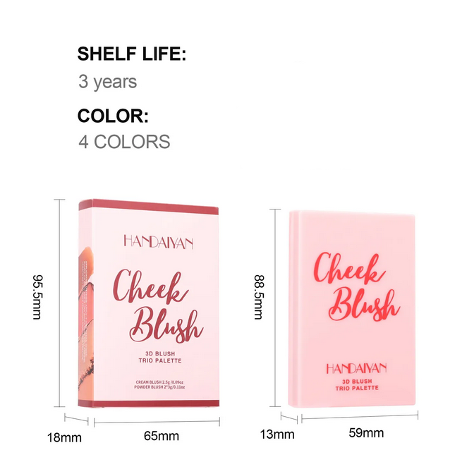 Cheek blush palette packaging showing product size and 3-year shelf life, highlighting the compact design and long-lasting quality of the makeup palette, perfect for storing and traveling.