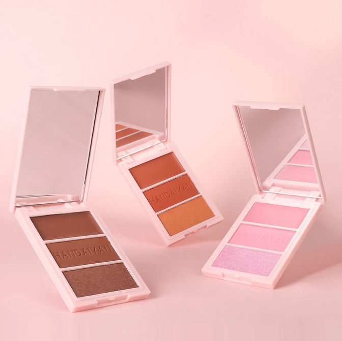 Three cheek blush palette product variants displayed together, showcasing different shades and packaging options for versatile makeup looks and professional beauty cosmetics presentation.