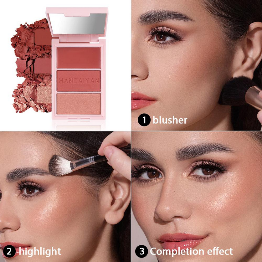 Model demonstrating the functions of the cheek blush palette, including blush application, highlighter glow, and complexion effect for a radiant and professional makeup finish.