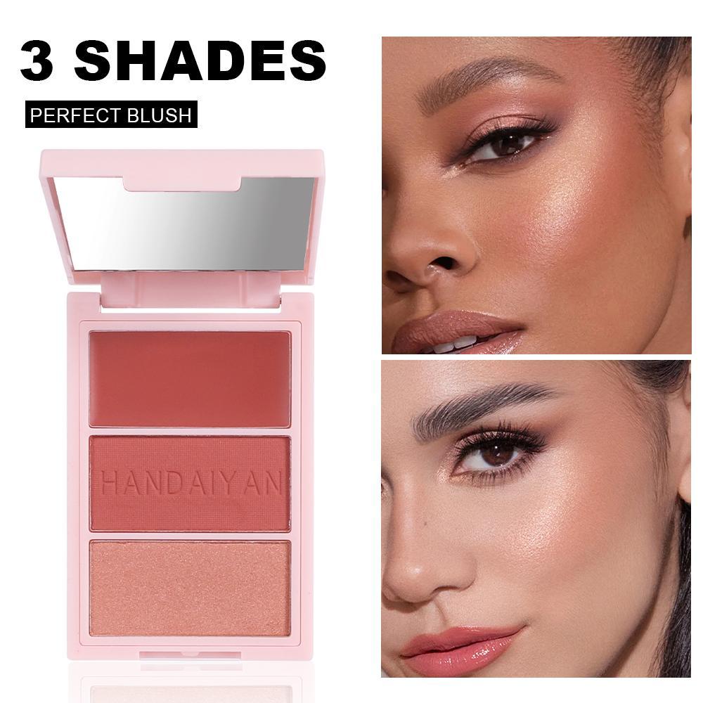 Product photo of the cheek blush palette labeled '3 Shades Perfect Blush' featuring both a dark-skinned and a light-skinned model demonstrating the three versatile shades for a radiant, flawless look.