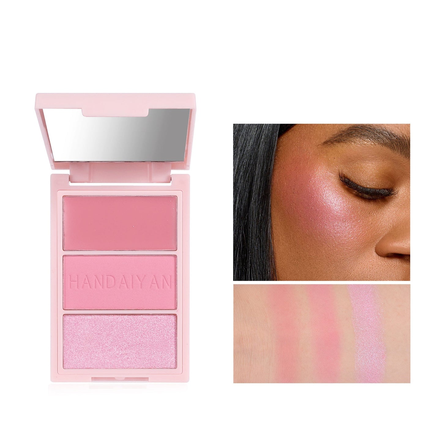 Cheek blush palette #4 featuring warm pink tones, ideal for adding a natural flush and glow to the cheeks, suitable for fair to medium skin tones, perfect for everyday makeup looks and enhancing facial features.
