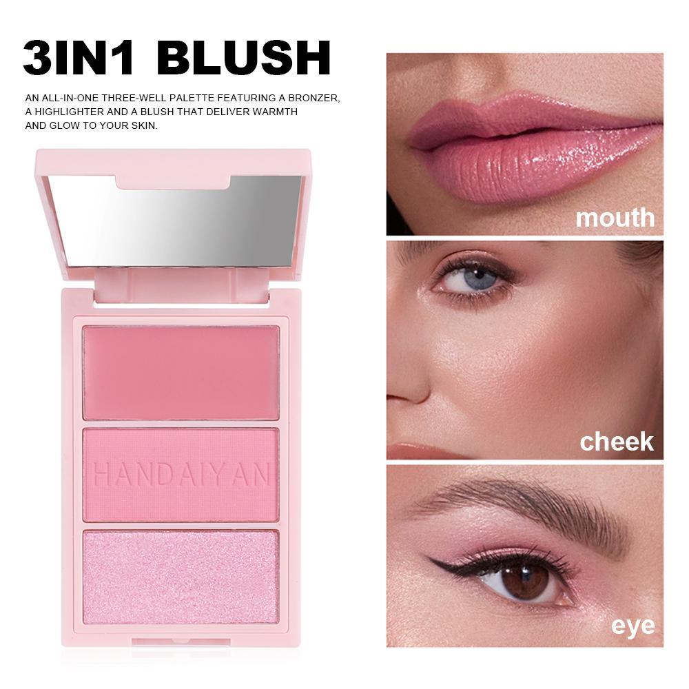 3-in-1 blush product image showcasing pink color applied on lips, cheeks, and eyes for a cohesive, vibrant makeup look on a model, highlighting the multifunctional use of the palette.