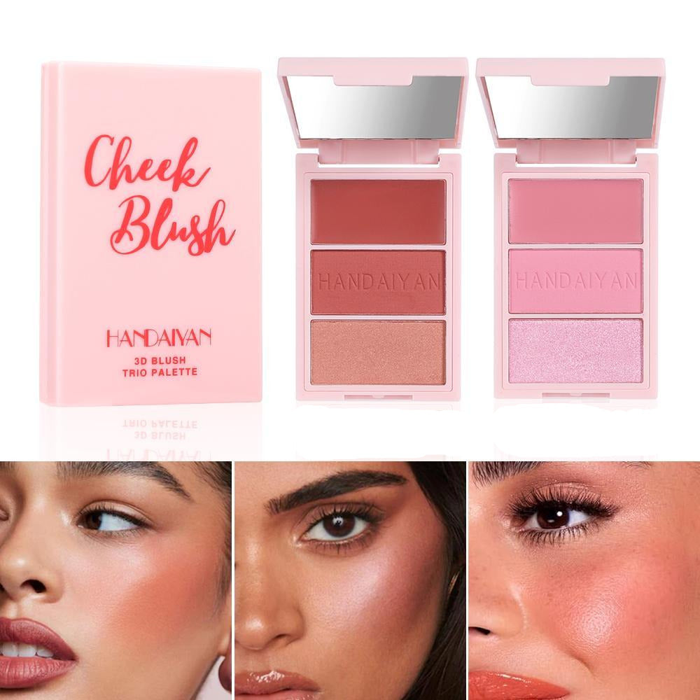 Cheek blush palettes #1 and #4 displayed with models of different skin tones showcasing the versatility of shades for diverse complexions, highlighting the range and applicability of the blush products.