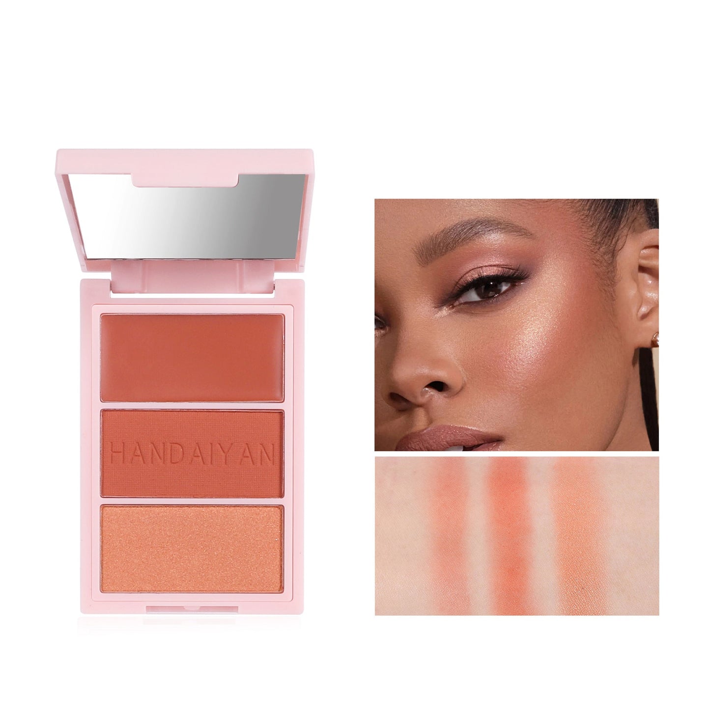 Cheek blush palette #2 featuring nude shades, showcasing soft, natural tones ideal for everyday makeup, suitable for fair to medium skin tones, perfect for adding a subtle glow and enhancing facial features.