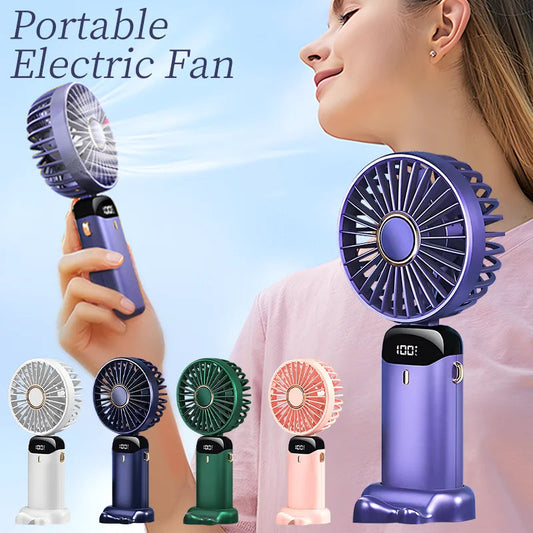 Mini handheld and neck fan in all available colors – blue, green, navy blue, pink, and white – highlighting variety and choice for customers.