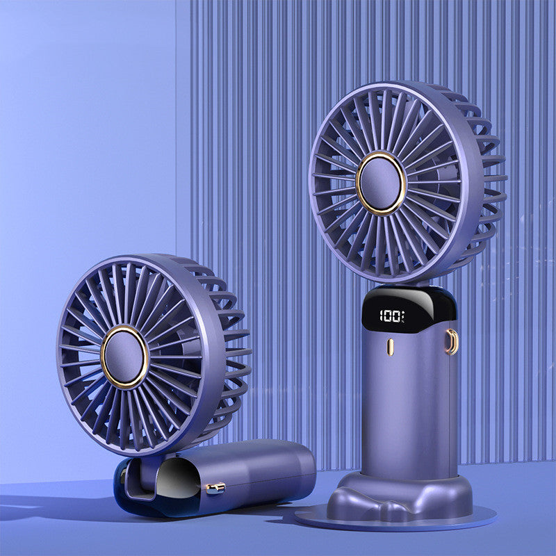 Portable USB rechargeable mini handheld and neck fan in blue, showing foldable design and compact size – ideal for travel, outdoor use, and desk setup.