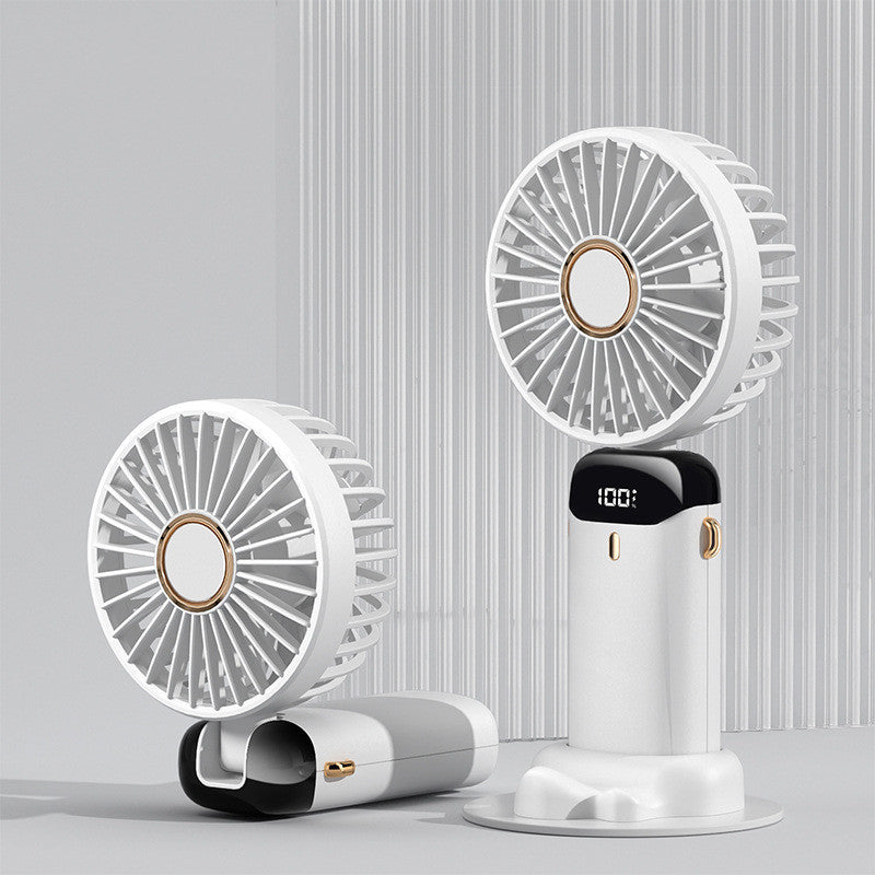 Portable USB rechargeable mini handheld and neck fan in white, foldable, compact, and perfect for travel or hands-free neck use.