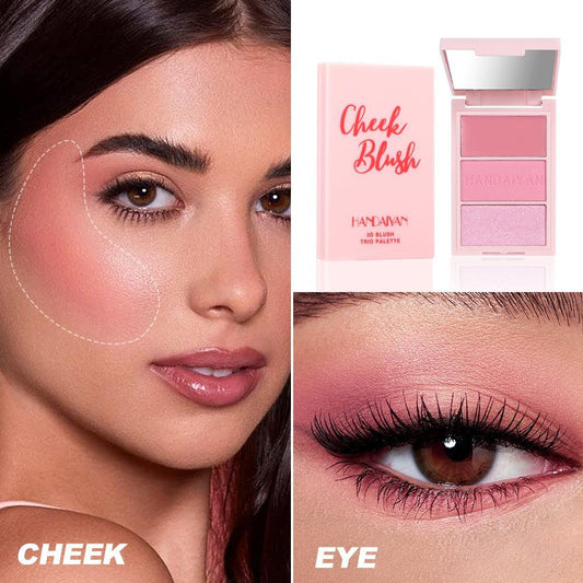 Model wearing cheek blush palette applied on eyes and cheeks, showcasing natural radiant makeup look, with the cheek blush palette product displayed – perfect beauty cosmetics cover image for professional makeup branding.