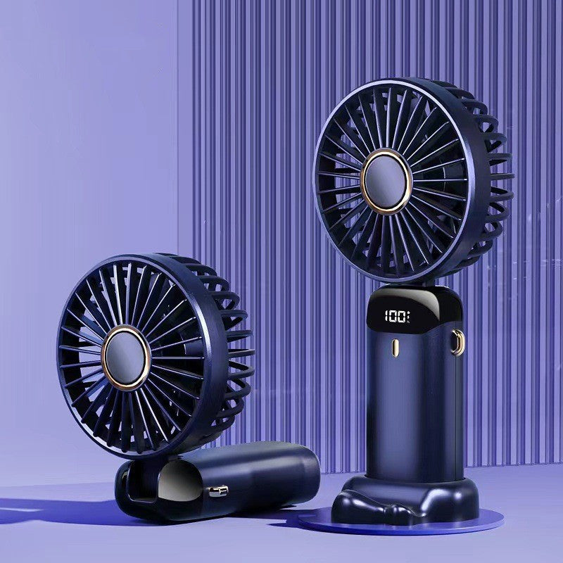 Portable USB rechargeable mini handheld and neck fan in navy blue, compact and foldable for portable cooling anytime, anywhere.