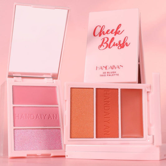 Cheek blush palette displayed against soft pink background, highlighting vibrant makeup colors and stylish cosmetic packaging for beauty product photography and online shop presentation.