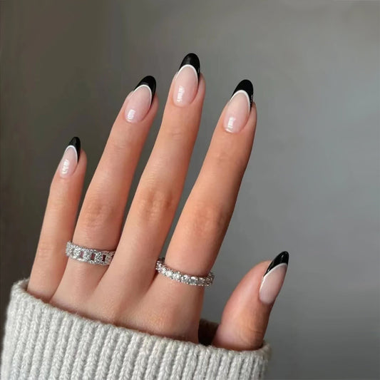 Black French Tip Almond Press-On Nails MERLIÁ