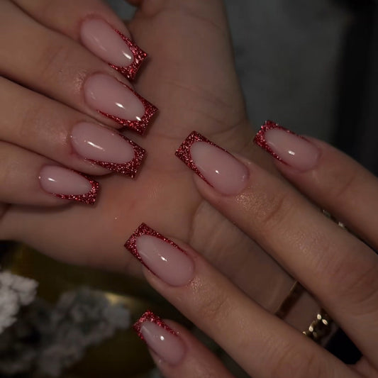 Red Glitter French Square Press-On Nails MERLIÁ