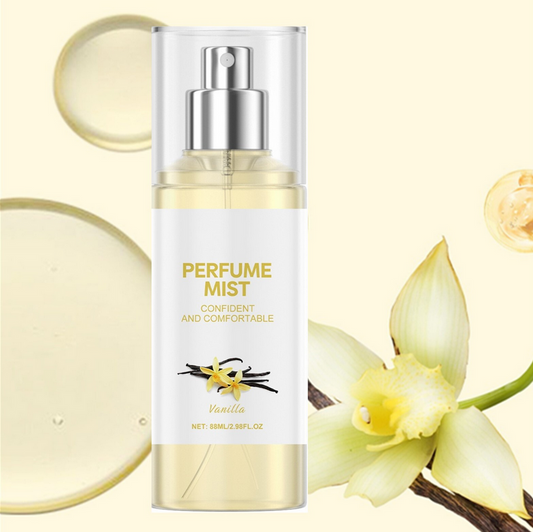 Strawberry Vanilla Body Mist Spray on yellow vanilla-themed background, highlighting sweet strawberry and creamy vanilla fragrance, perfect for daily refreshing use 🍓