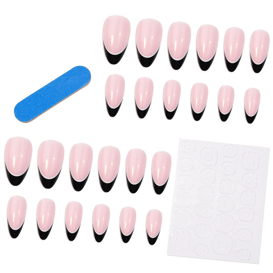 Black French Tip Almond Press-On Nails - MERLIÁ