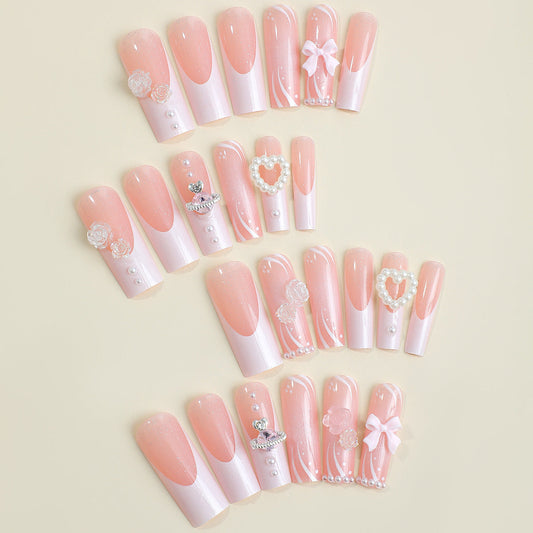 Bow Tie Pearl Heart Pink Nails – Sweet & Romantic🎀 MERLIÁ
