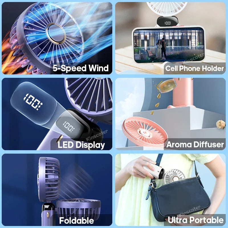 Portable mini USB fan displaying key features: foldable design, 3-in-1 handheld, desk, and neck use, aromatherapy pad, and LED battery display.
