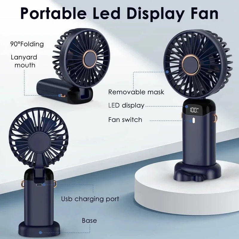 Mini handheld USB fan highlighting USB charging port for laptops, power banks, and adapters – convenient and portable summer cooling solution.